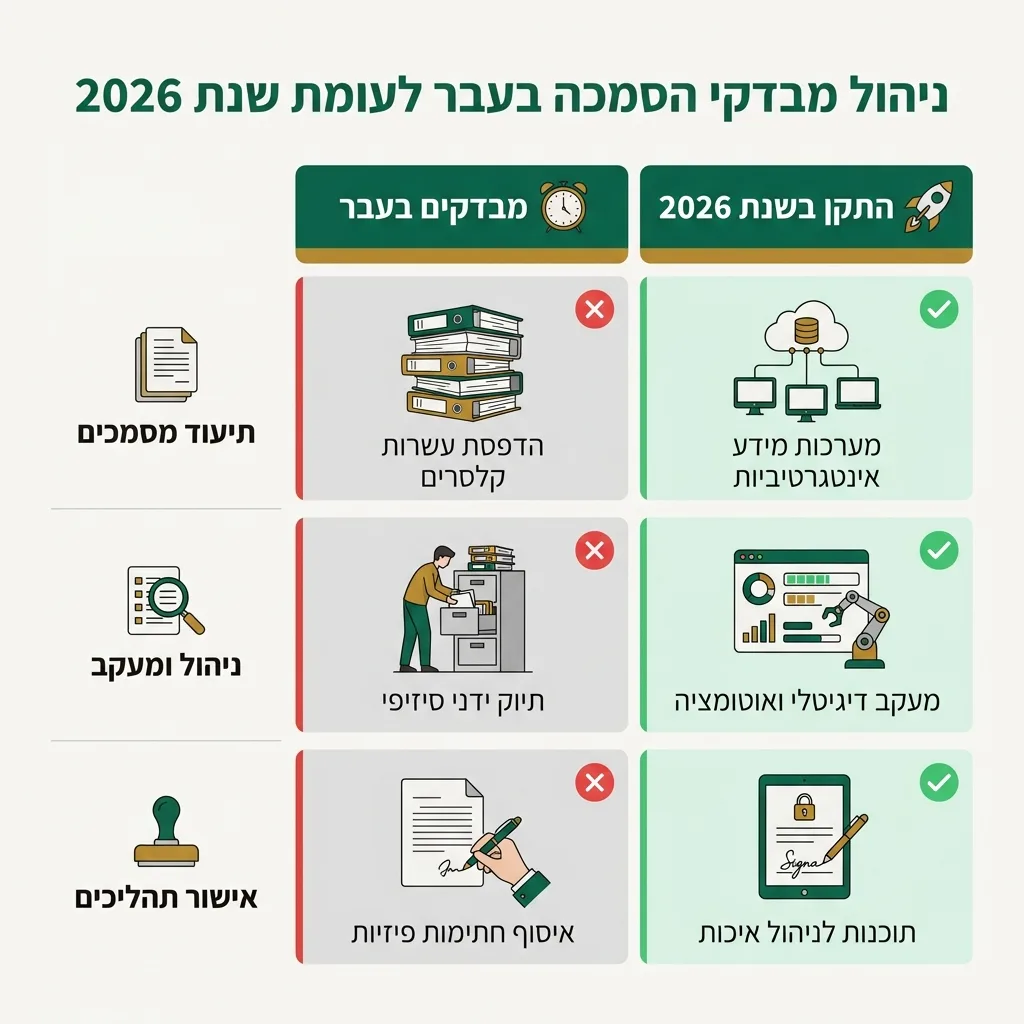אינפוגרפיקה — ניהול מבדקי הסמכה בעבר לעומת שנת 2026: השוואה בין מבדקים בעבר, התקן בשנת 2026