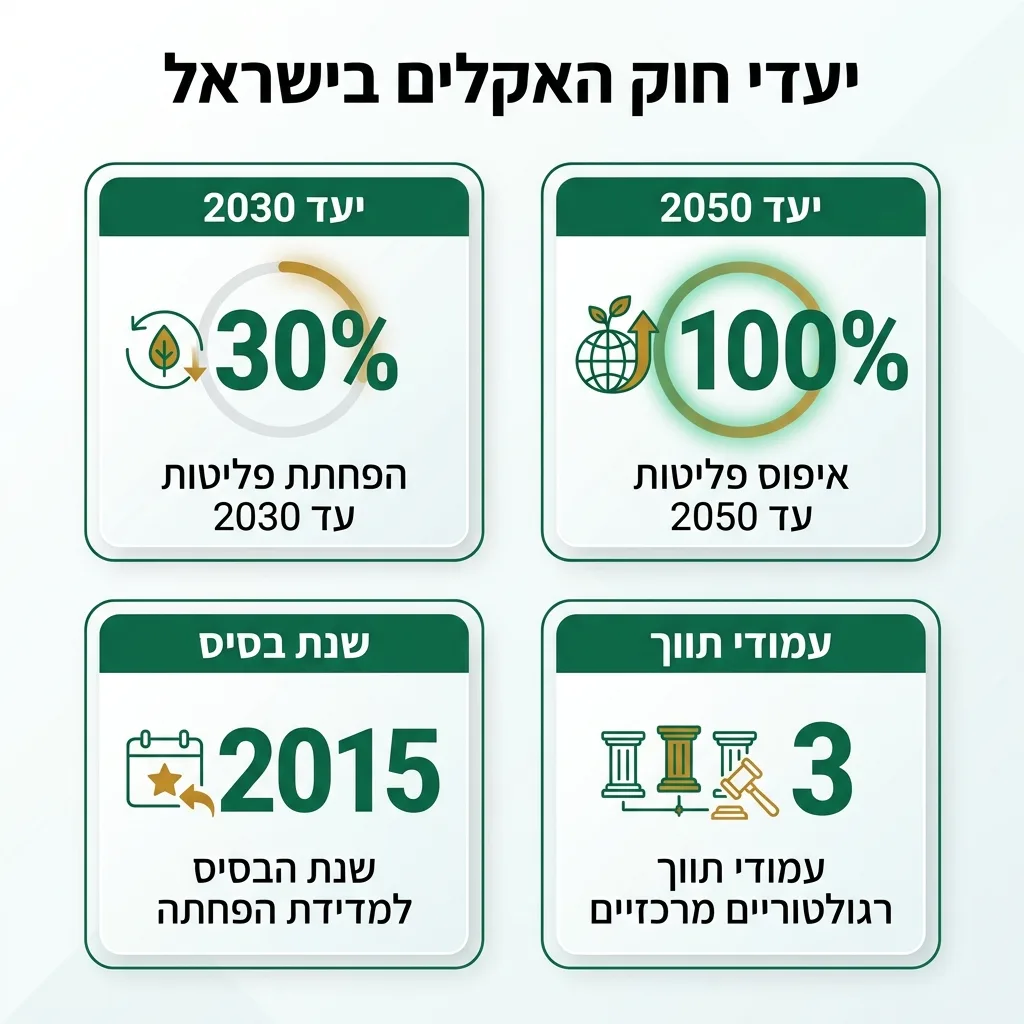 אינפוגרפיקה — יעדי חוק האקלים בישראל: הפחתת פליטות עד 2030, איפוס פליטות עד 2050, שנת הבסיס למדידת הפחתה, עמודי תווך רגולטורי