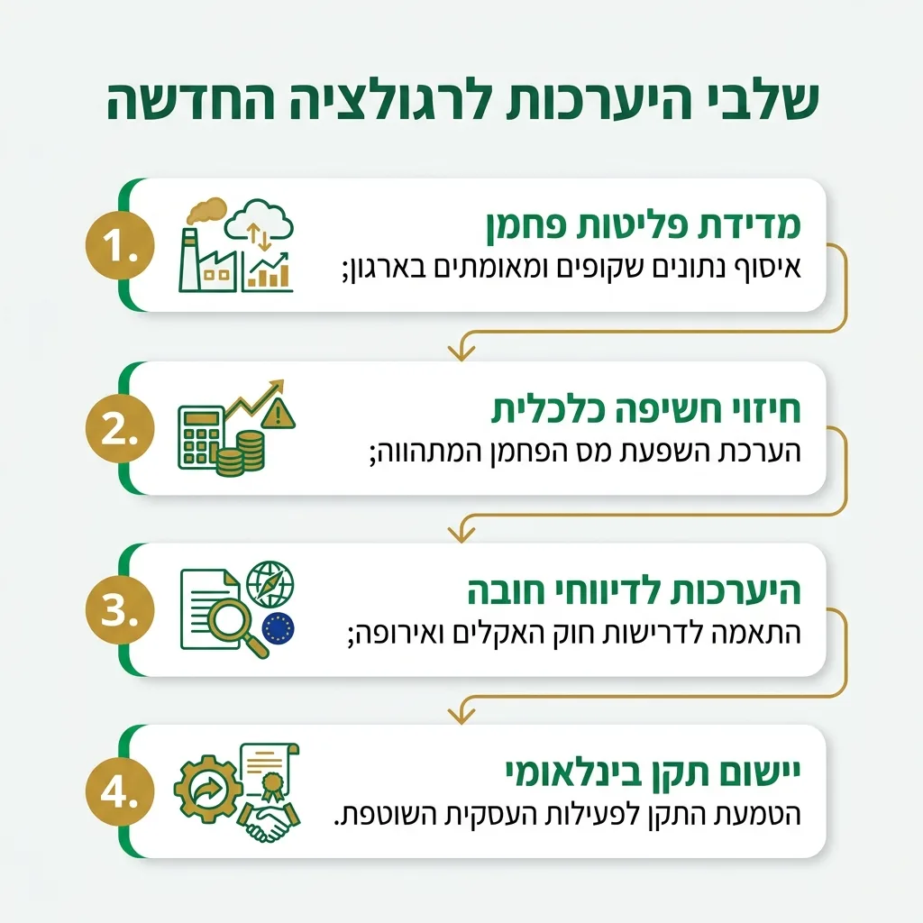 אינפוגרפיקה — שלבי היערכות לרגולציה החדשה: מדידת פליטות פחמן, חיזוי חשיפה כלכלית, היערכות לדיווחי חובה, יישום תקן בינלאומי