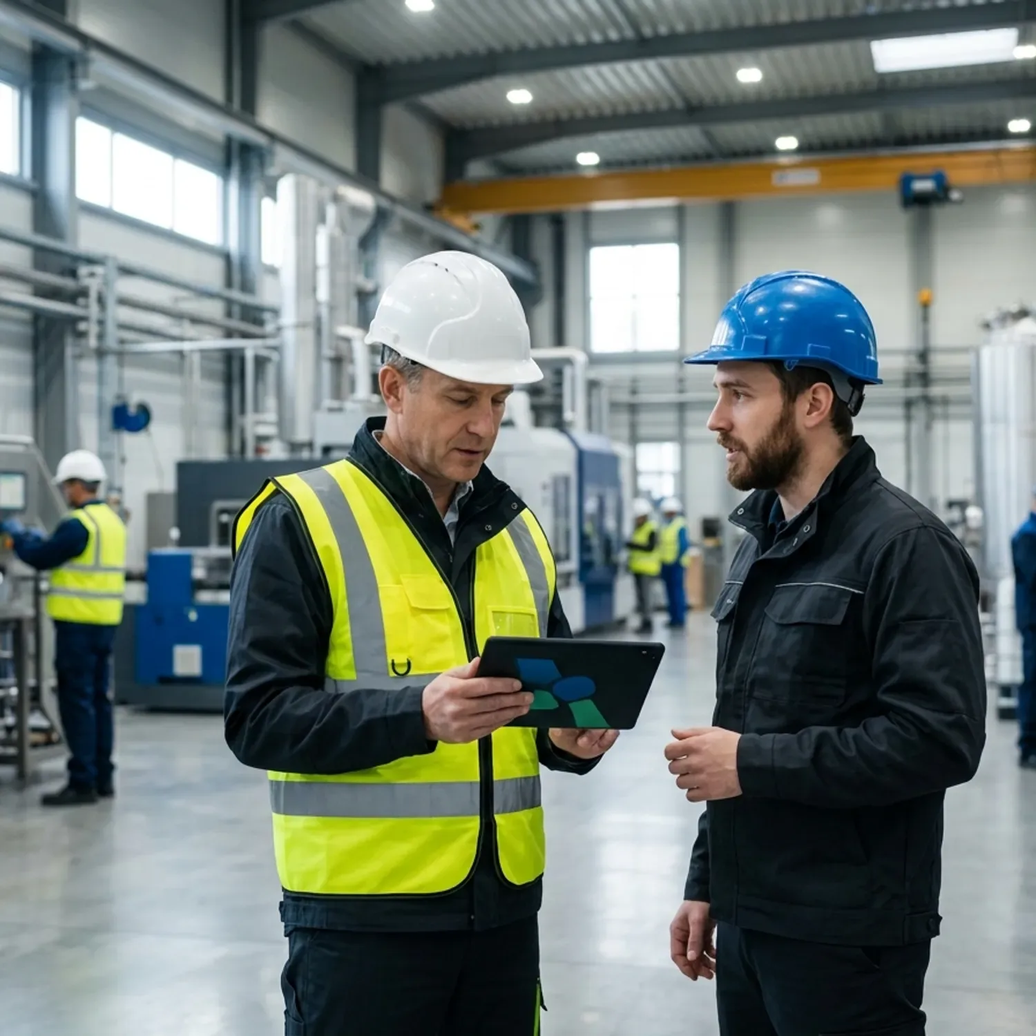 צילום ריאליסטי של ממונה בטיחות מקצועי חובש קסדת מגן לבנה ואפוד זוהר, עומד במפעל ייצור מודרני, מחזיק טאבלט ומשוחח בגובה העיניים עם מנהל עבודה, תאורה טבעית ופוקוס חד