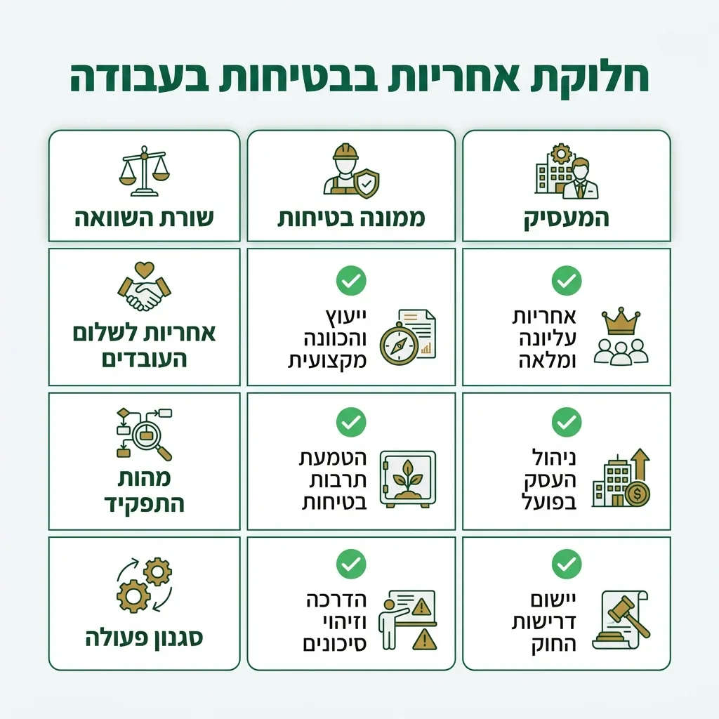 אינפוגרפיקה — חלוקת אחריות בבטיחות בעבודה: השוואה בין ממונה בטיחות, המעסיק