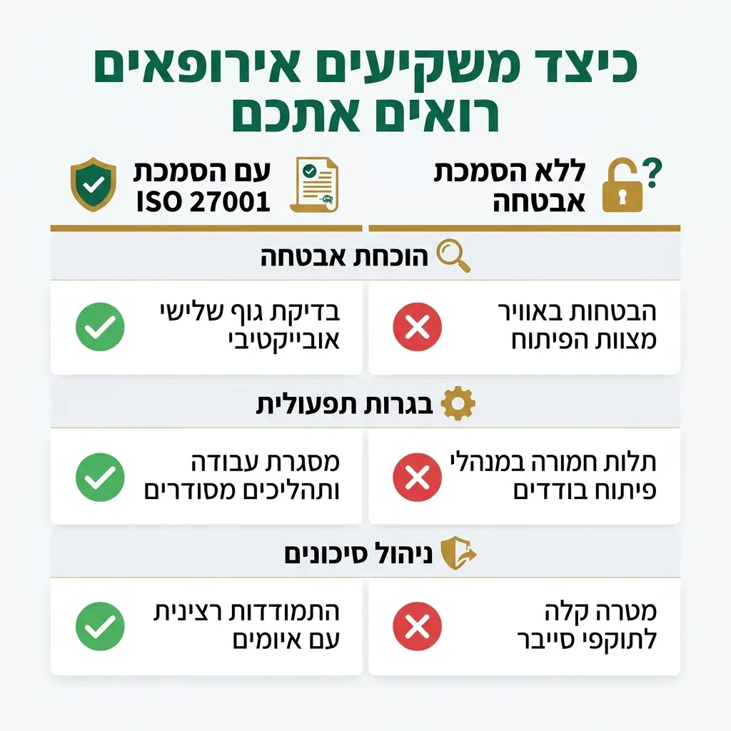 אינפוגרפיקה — כיצד משקיעים אירופאים רואים אתכם: השוואה בין עם הסמכת ISO 27001, ללא הסמכת אבטחה