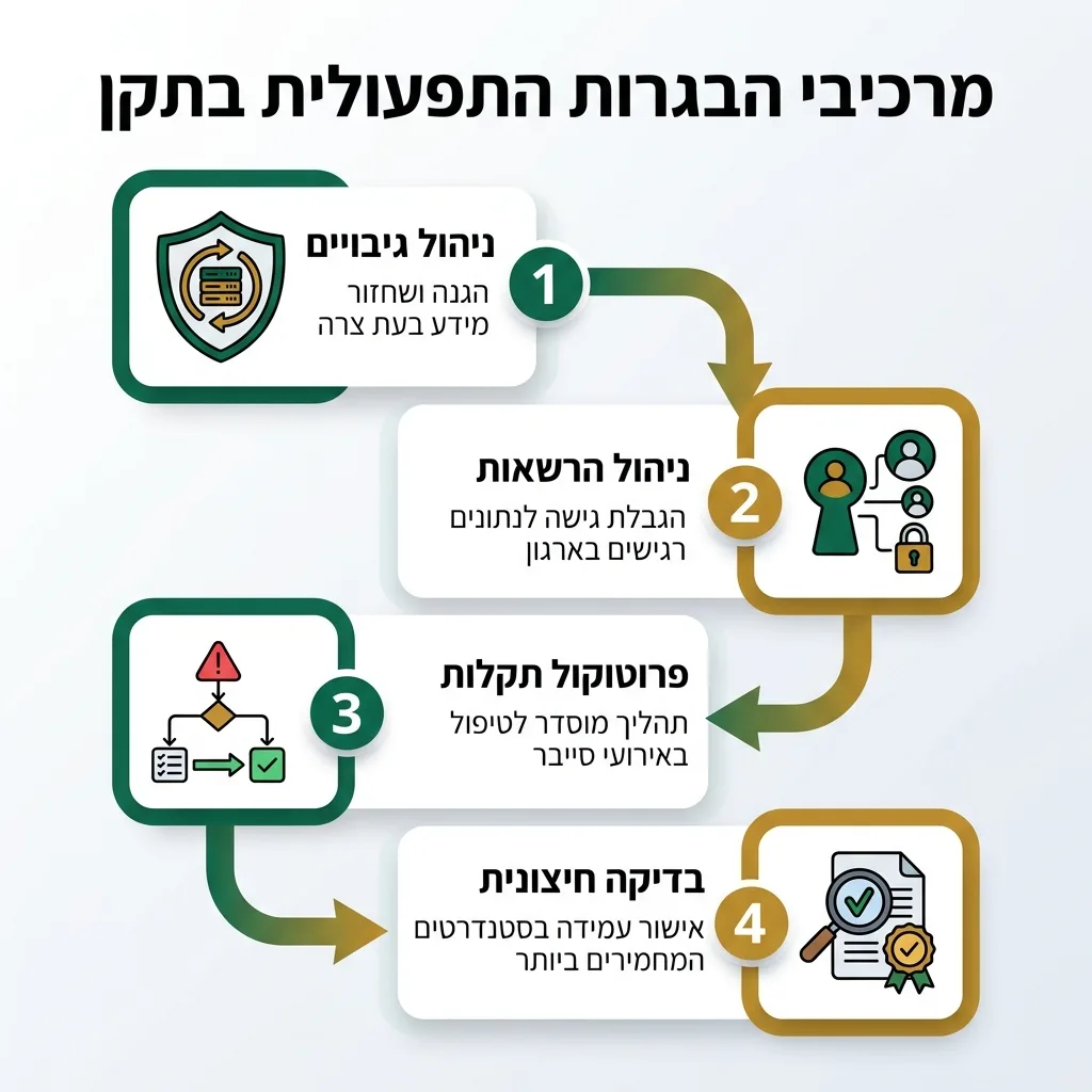 אינפוגרפיקה — מרכיבי הבגרות התפעולית בתקן: ניהול גיבויים, ניהול הרשאות, פרוטוקול תקלות, בדיקה חיצונית