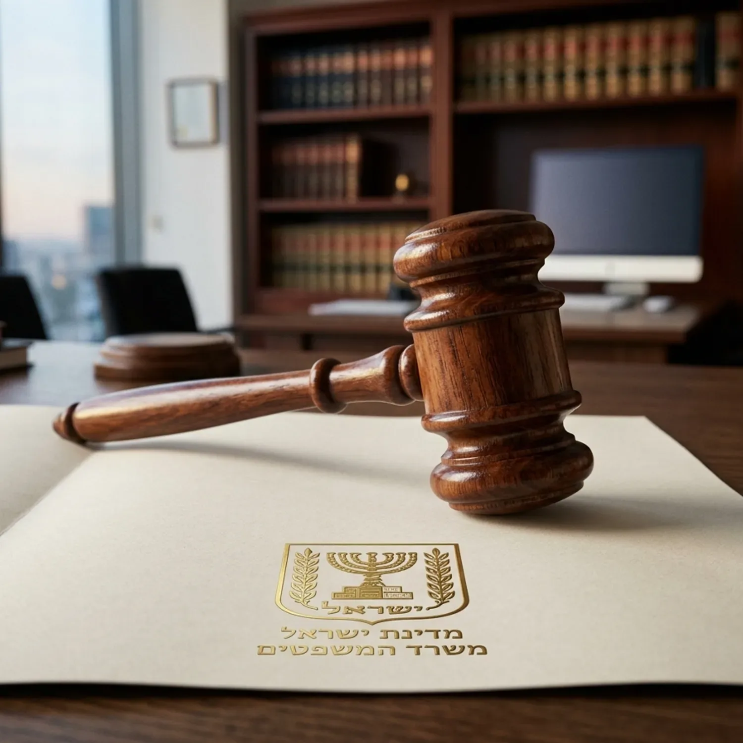 צילום ריאליסטי של פטיש שופט מעץ מונח על גבי מסמך משפטי הנושא את סמל משרד המשפטים, תאורה טבעית ממוקדת על הפטיש, רקע משרדי מטושטש