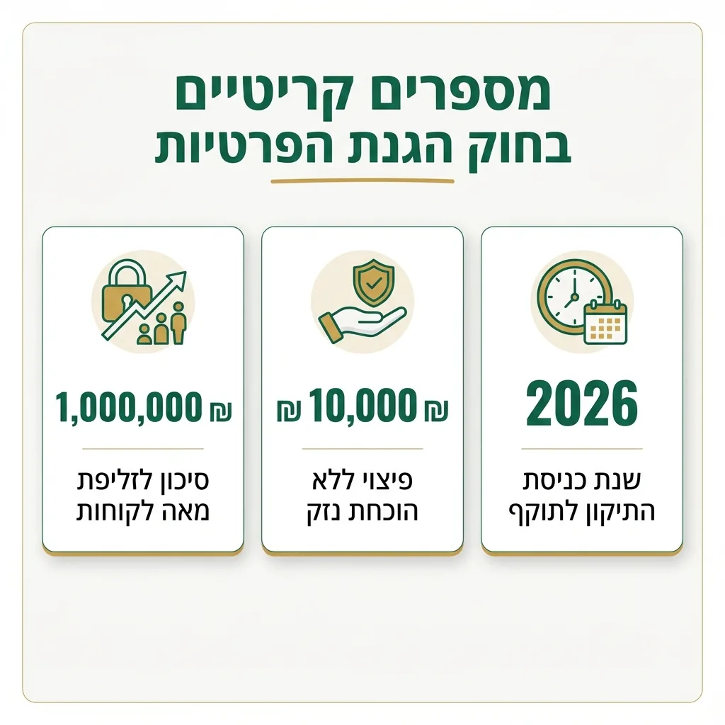 אינפוגרפיקה — מספרים קריטיים בחוק הגנת הפרטיות: שנת כניסת התיקון לתוקף, פיצוי ללא הוכחת נזק, סיכון לדליפת מאה לקוחות