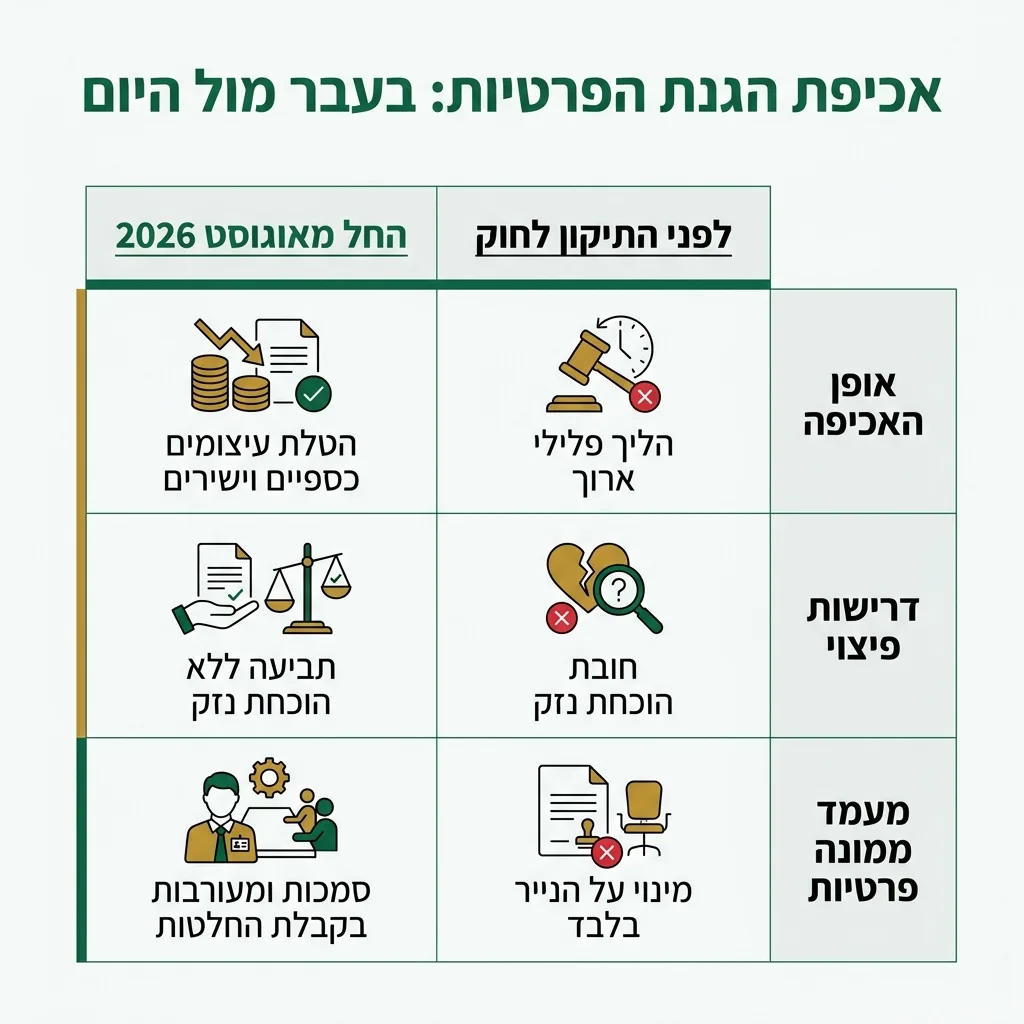 אינפוגרפיקה — אכיפת הגנת הפרטיות: בעבר מול היום: השוואה בין לפני התיקון לחוק, החל מאוגוסט 2026