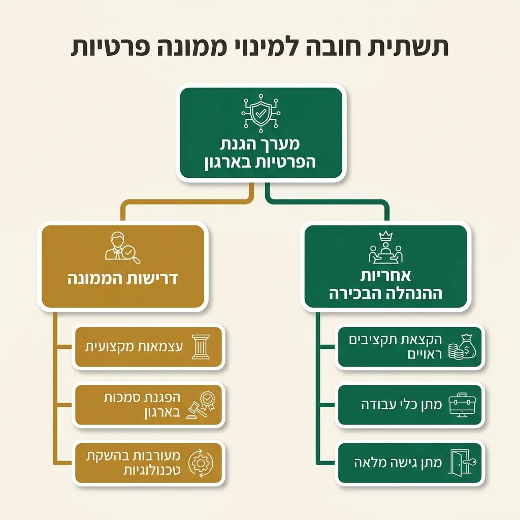 אינפוגרפיקה — תשתית חובה למינוי ממונה פרטיות: מערך הגנת הפרטיות בארגון