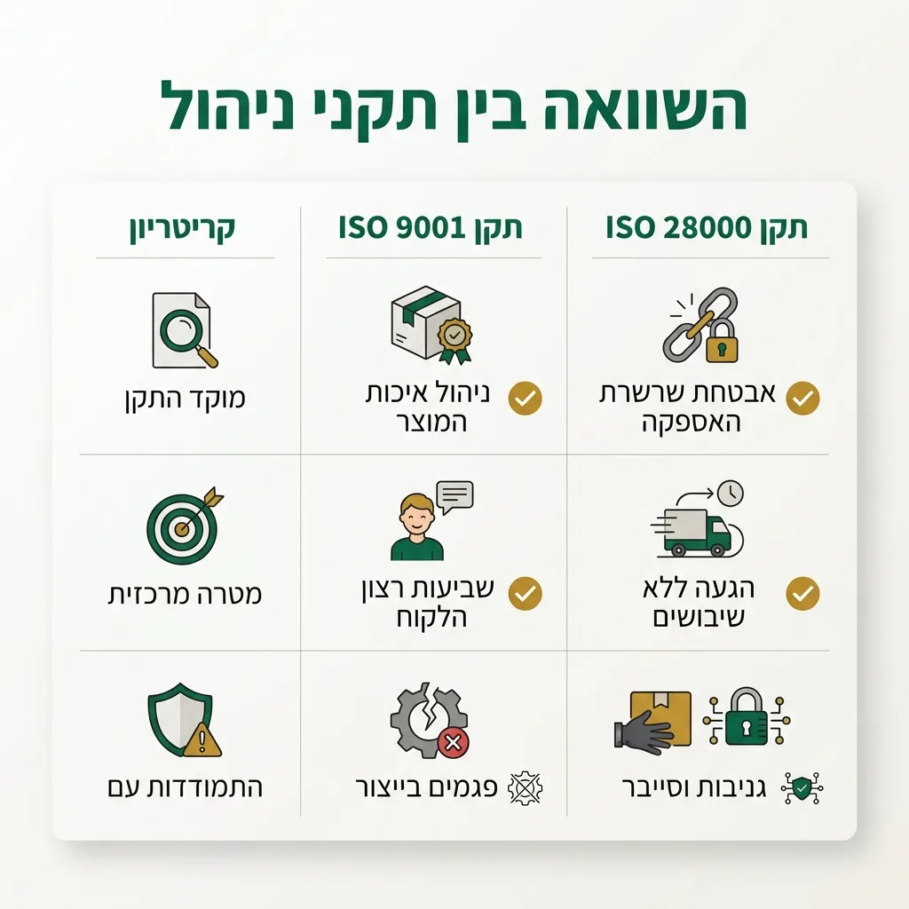 אינפוגרפיקה — השוואה בין תקני ניהול: השוואה בין תקן ISO 9001, תקן ISO 28000