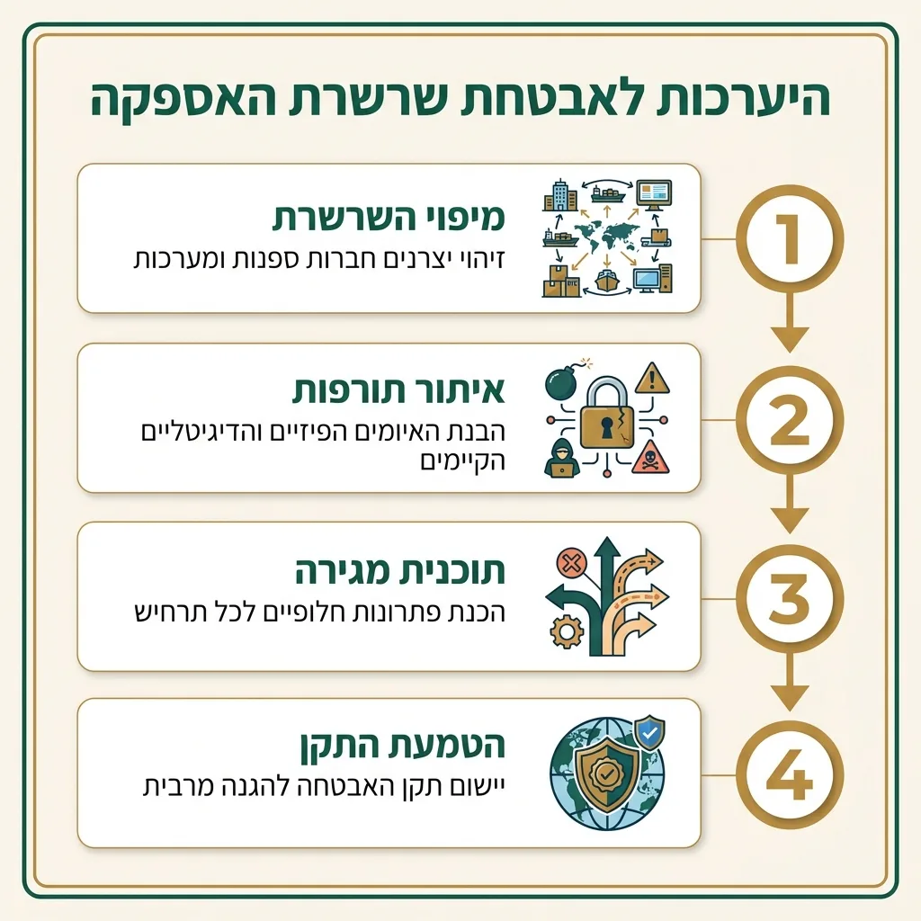אינפוגרפיקה — היערכות לאבטחת שרשרת האספקה: מיפוי השרשרת, איתור תורפות, תוכנית מגירה, הטמעת התקן