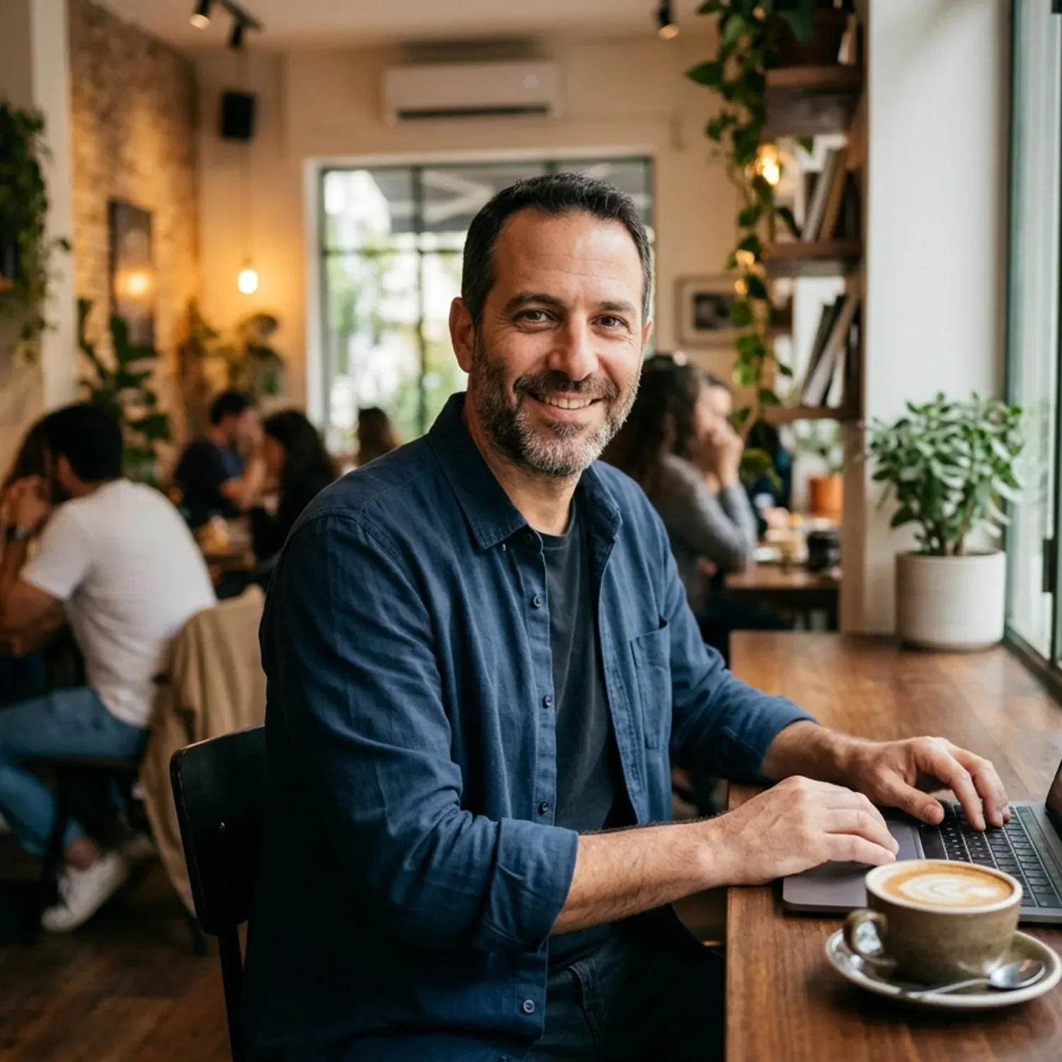 צילום מקצועי של בעל עסק ישראלי בחולצה מכופתרת קז'ואל יושב בבית קפה, מחייך ברוגע למצלמה, מחשב נייד פתוח על השולחן לצד כוס קפה הפוך