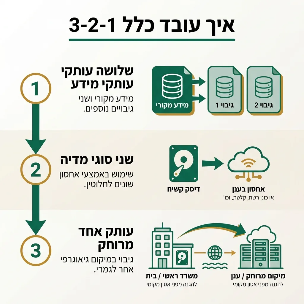 אינפוגרפיקה — איך עובד כלל 3-2-1: שלושה עותקי מידע, שני סוגי מדיה, עותק אחד מרוחק