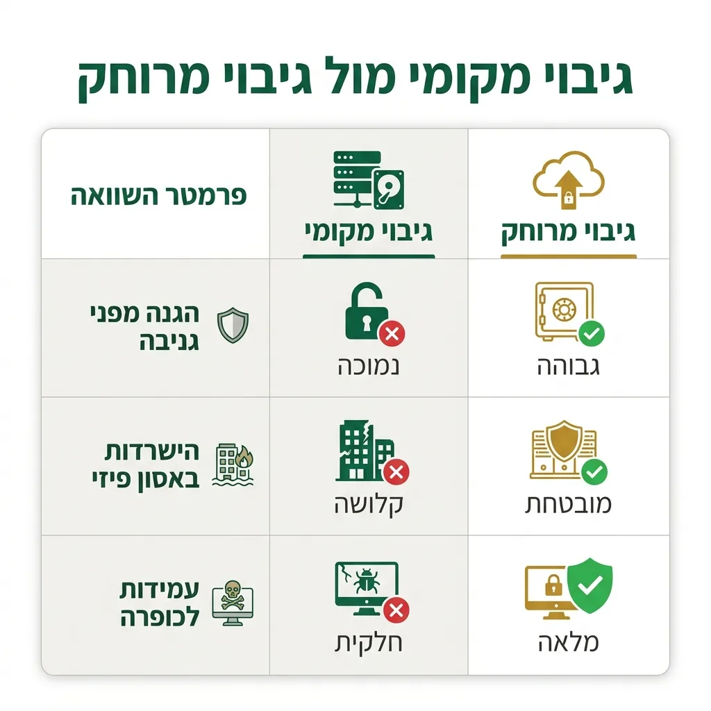 אינפוגרפיקה — גיבוי מקומי מול גיבוי מרוחק: השוואה בין גיבוי מקומי, גיבוי מרוחק