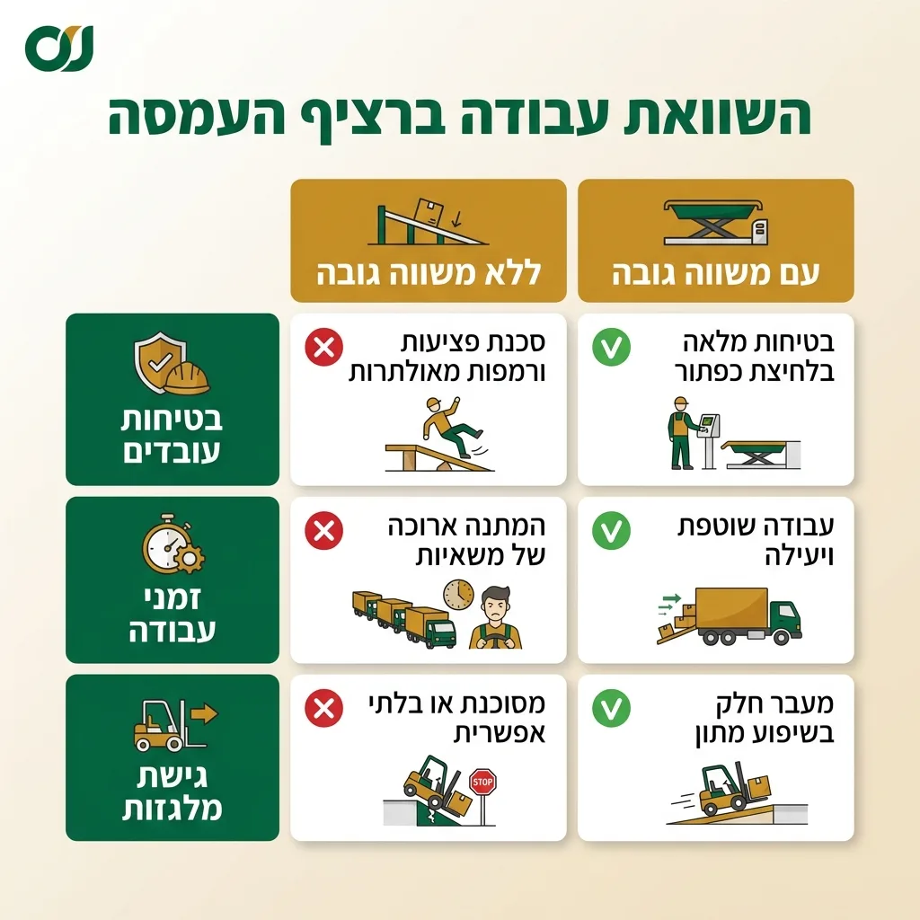 אינפוגרפיקה — השוואת עבודה ברציף העמסה: השוואה בין ללא משווה גובה, עם משווה גובה