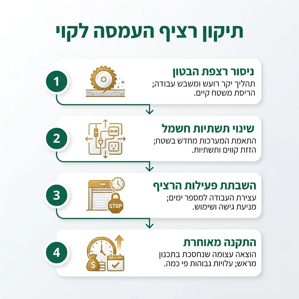 אינפוגרפיקה — תיקון רציף העמסה לקוי: ניסור רצפת הבטון, שינוי תשתיות חשמל, השבתת פעילות הרציף, התקנה מאוחרת