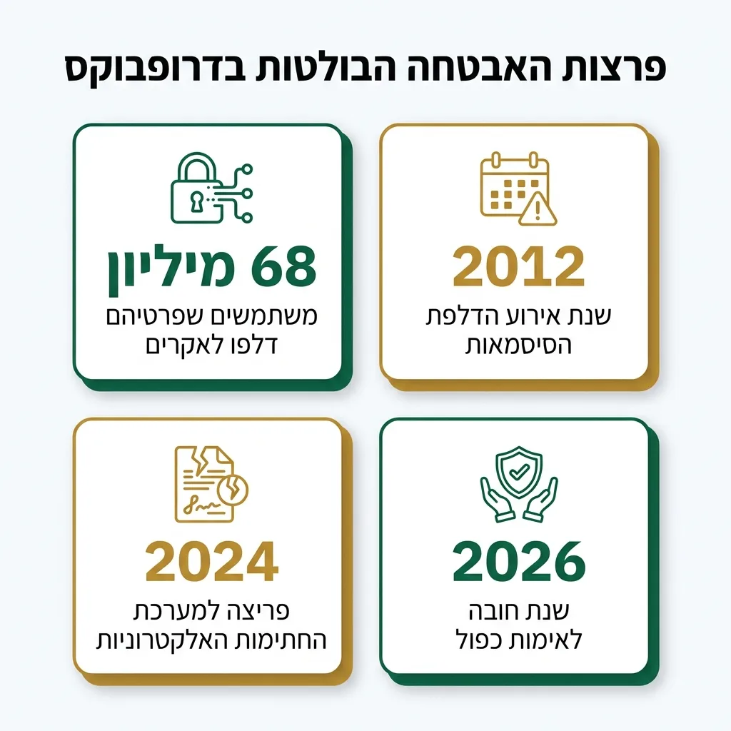 אינפוגרפיקה — פרצות האבטחה הבולטות בדרופבוקס: משתמשים שפרטיהם דלפו לאקרים, שנת אירוע הדלפת הסיסמאות, פריצה למערכת החתימות האל
