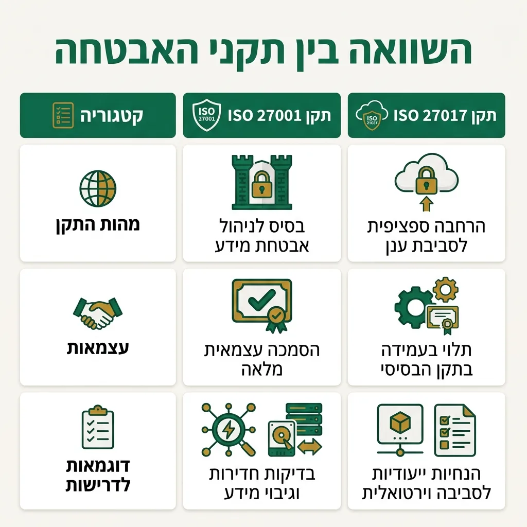אינפוגרפיקה — השוואה בין תקני האבטחה: השוואה בין תקן ISO 27001, תקן ISO 27017