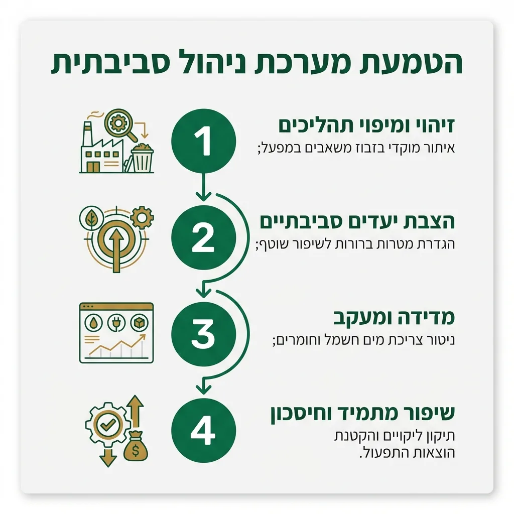 אינפוגרפיקה — הטמעת מערכת ניהול סביבתית: זיהוי ומיפוי תהליכים, הצבת יעדים סביבתיים, מדידה ומעקב, שיפור מתמיד וחיסכון