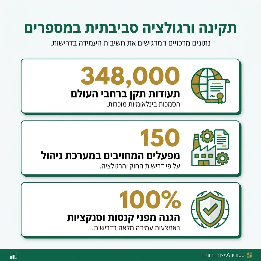 אינפוגרפיקה — תקינה ורגולציה סביבתית במספרים: תעודות תקן ברחבי העולם, מפעלים המחויבים במערכת ניהול, הגנה מפני קנסות וסנקציות