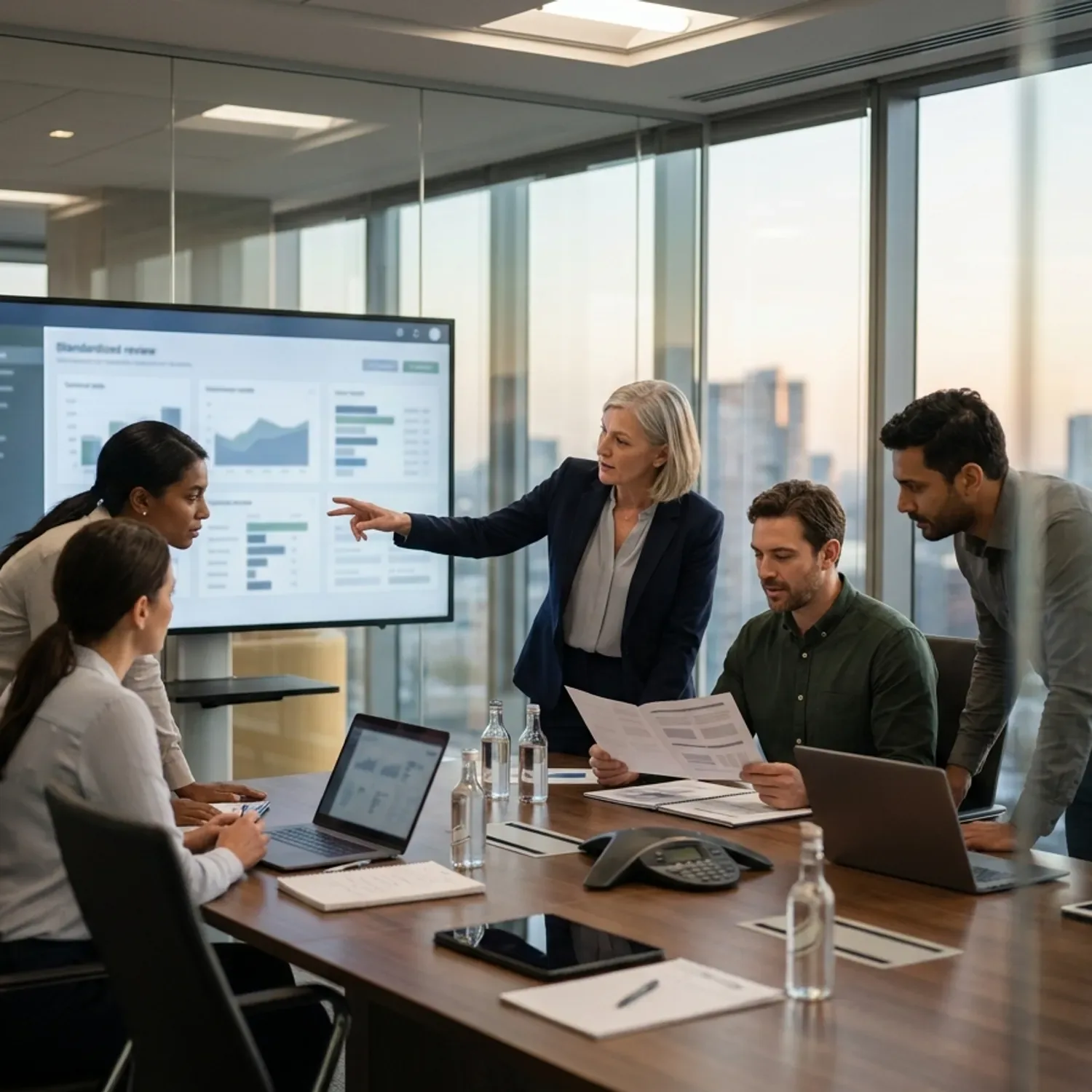 צילום ריאליסטי של חדר ישיבות שקוף, מנהלים ומהנדסים יושבים סביב שולחן ודנים במסמכי תקינה על מסך גדול, אווירה מקצועית ורצינית, תאורת משרד איכותית