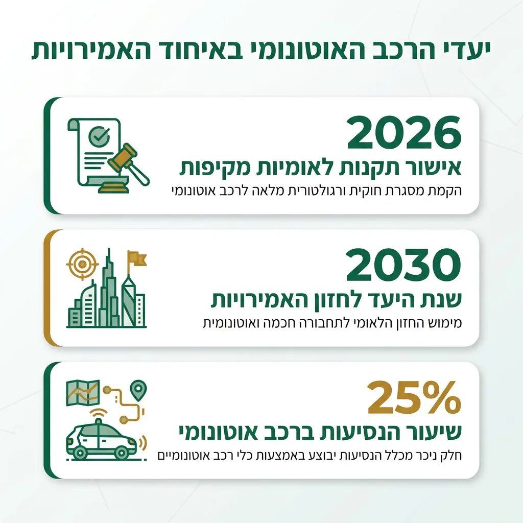 אינפוגרפיקה — יעדי הרכב האוטונומי באיחוד האמירויות: אישור תקנות לאומיות מקיפות, שנת היעד לחזון האמירויות, שיעור הנסיעות ברכב 