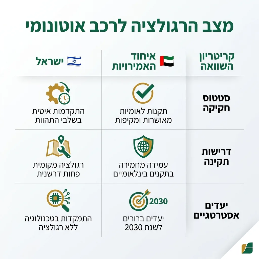 אינפוגרפיקה — מצב הרגולציה לרכב אוטונומי: השוואה בין איחוד האמירויות, ישראל