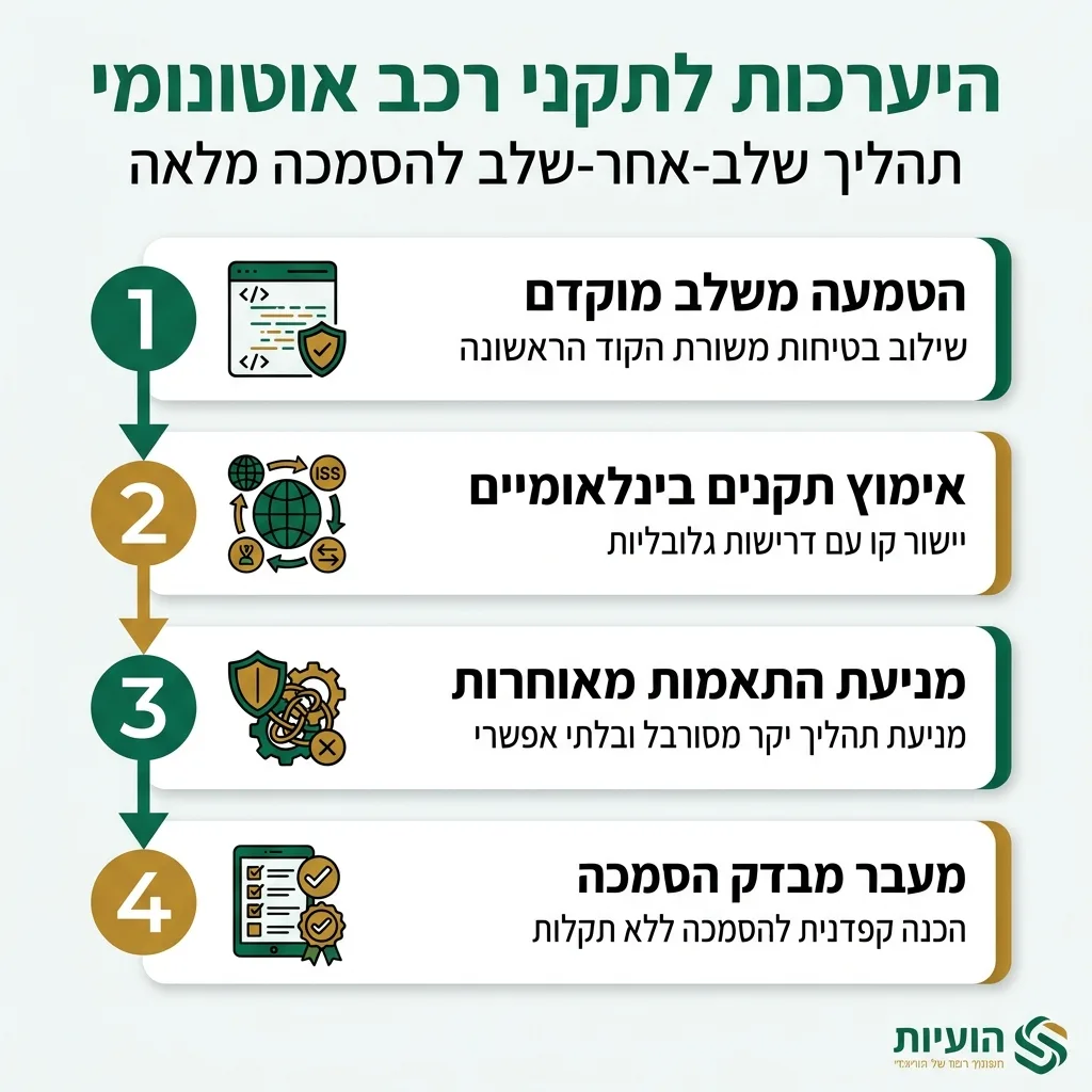 אינפוגרפיקה — היערכות לתקני רכב אוטונומי: הטמעה משלב מוקדם, אימוץ תקנים בינלאומיים, מניעת התאמות מאוחרות, מעבר מבדק הסמכה