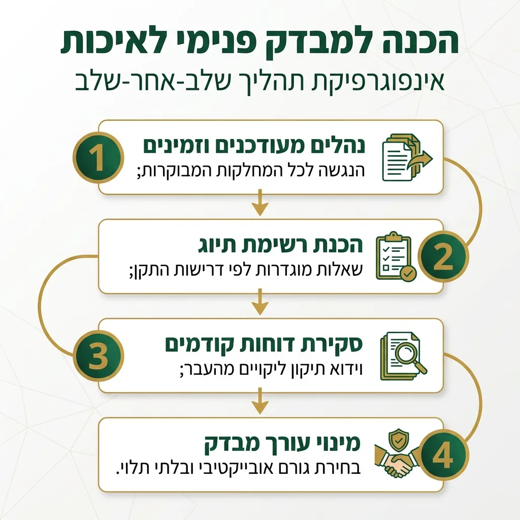 אינפוגרפיקה — הכנה למבדק פנימי לאיכות: נהלים מעודכנים וזמינים, הכנת רשימת תיוג, סקירת דוחות קודמים, מינוי עורך מבדק